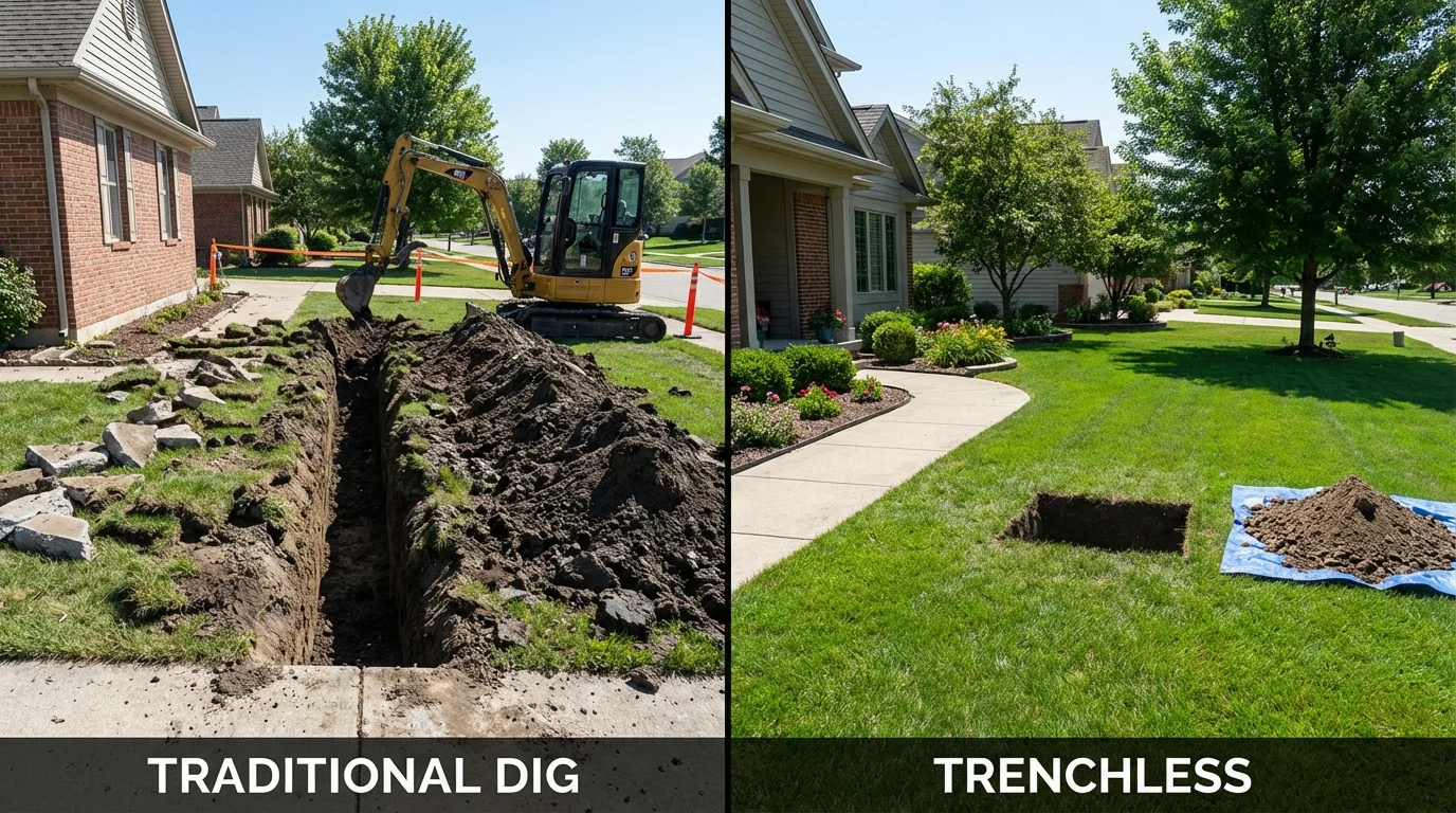 Trenchless sewer repair with minimal yard damage versus traditional excavation in Clifton, IL