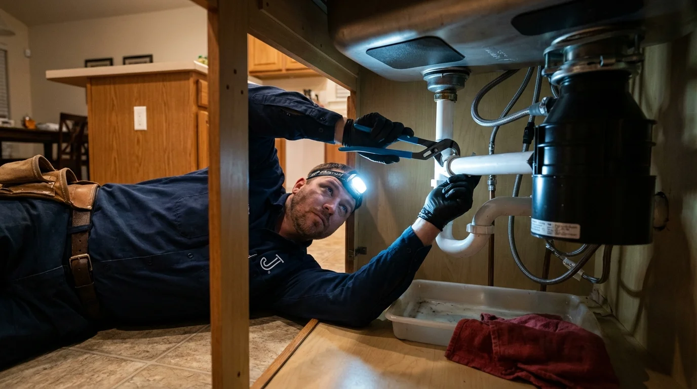 P-trap and supply line connections under a kitchen sink showing a common leak point in Clifton, IL